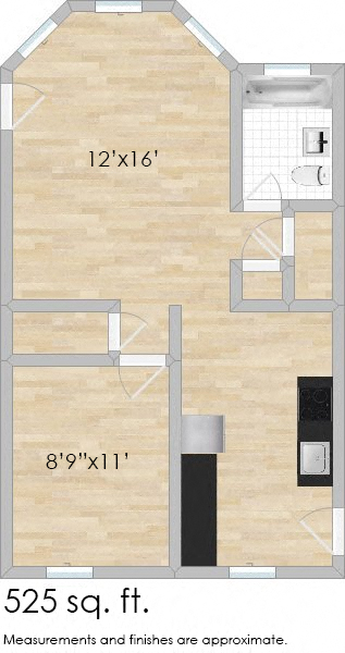 Floor plan for 1 bed, 1 bath, 525 sqft