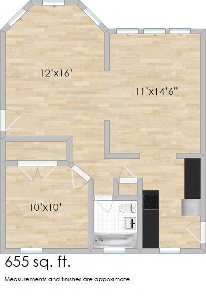 Floor plan for 1 bed, 1 bath, 700 sqft