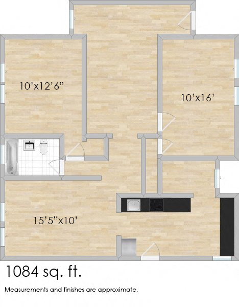 Floor plan for 2 beds, 1 bath, 1084 sqft