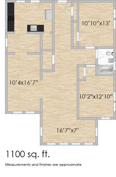 Floor plan for 2 beds, 1 bath, 1100 sqft