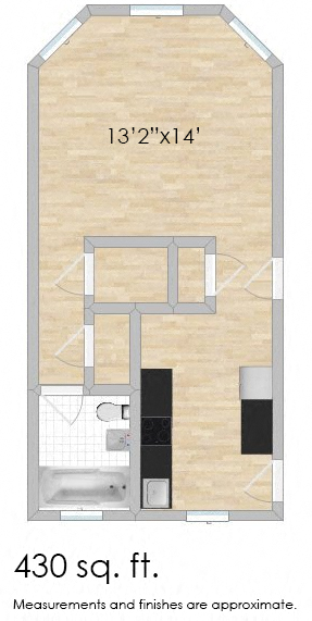 Floor plan for studio, 1 bath, 430 sqft