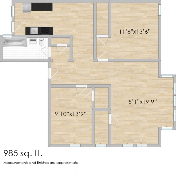 Floor plan for 2 beds, 1 bath, 985 sqft