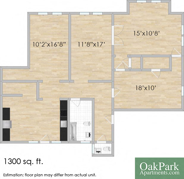 Floor plan for 2 beds, 1.5 baths, 1300 sqft