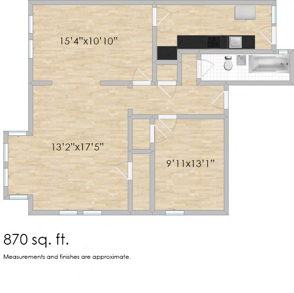 Floor plan for 2 beds, 1 bath, 870 sqft