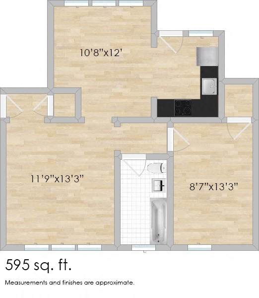 Floor plan for 1 bed, 1 bath, 595 sqft
