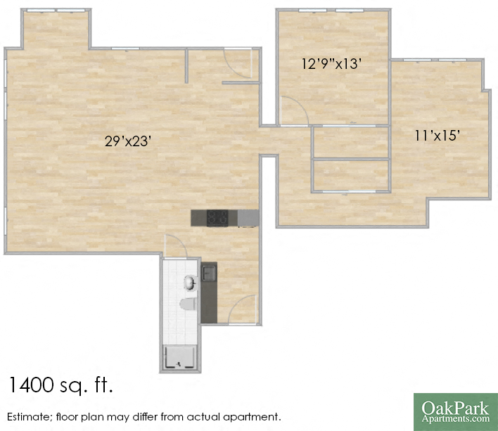 Floor plan for 2 beds, 1 bath, 1453 sqft