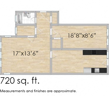 Floor plan for 1 bed, 1 bath, 721 sqft