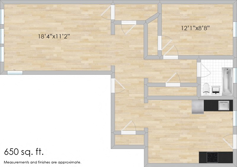 Floor plan for 1 bed, 1 bath, 740 sqft