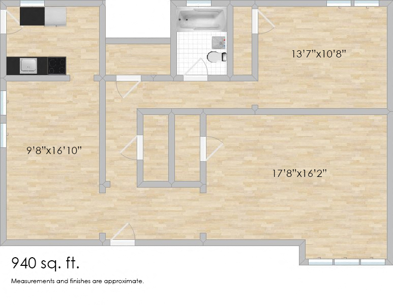 Floor plan for 1 bed, 1 bath, 920 sqft
