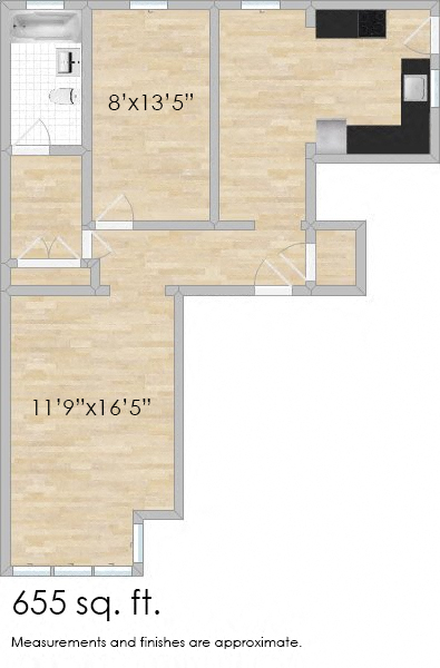 Floor plan for 1 bed, 1 bath, 655 sqft