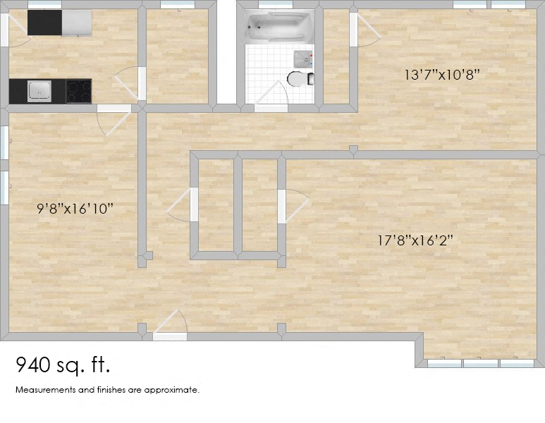 Floor plan for 1 bed, 1 bath, 940 sqft