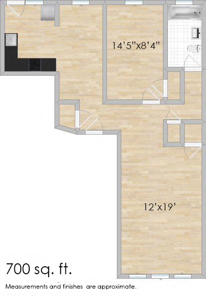 Floor plan for 1 bed, 1 bath, 700 sqft
