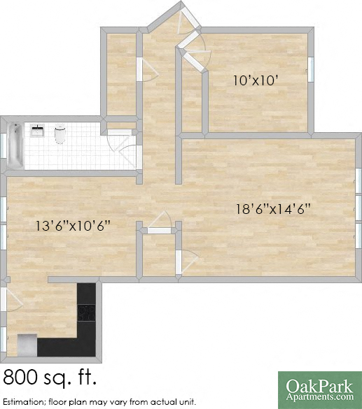 Floor plan for 1 bed, 1 bath, 860 sqft