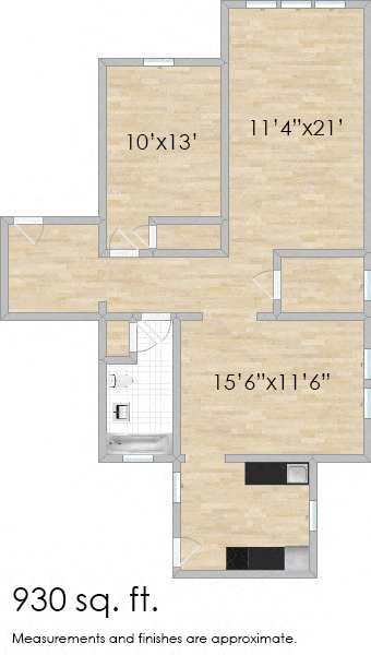 Floor plan for 1 bed, 1 bath, 998 sqft
