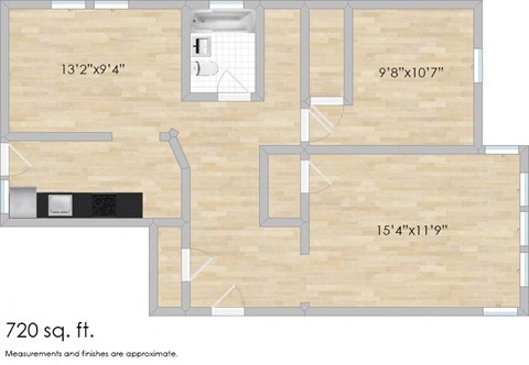 Floor plan for 1 bed, 1 bath, 745 sqft
