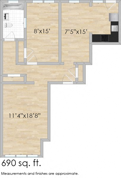 Floor plan for 1 bed, 1 bath, 705 sqft