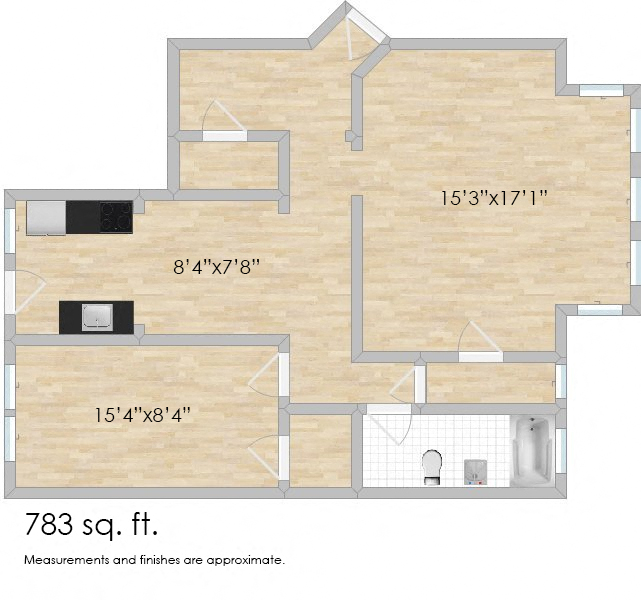 Floor plan for 1 bed, 1 bath, 783 sqft