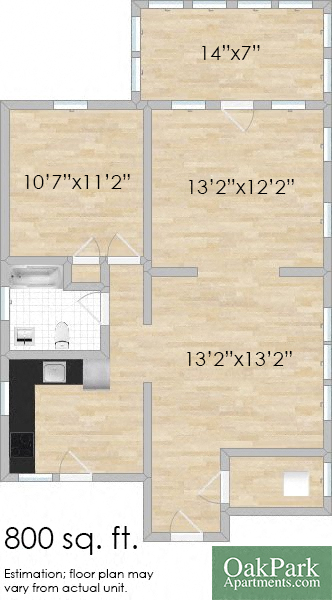 Floor plan for 1 bed, 1 bath, 835 sqft