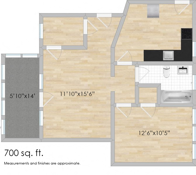 Floor plan for 1 bed, 1 bath, 700 sqft