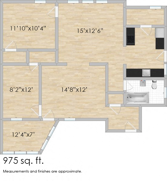 Floor plan for 2 beds, 1 bath, 975 sqft