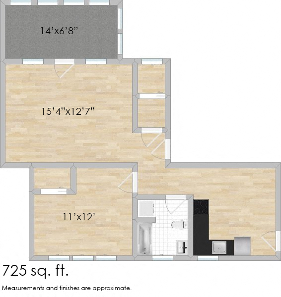 Floor plan for 1 bed, 1 bath, 735 sqft