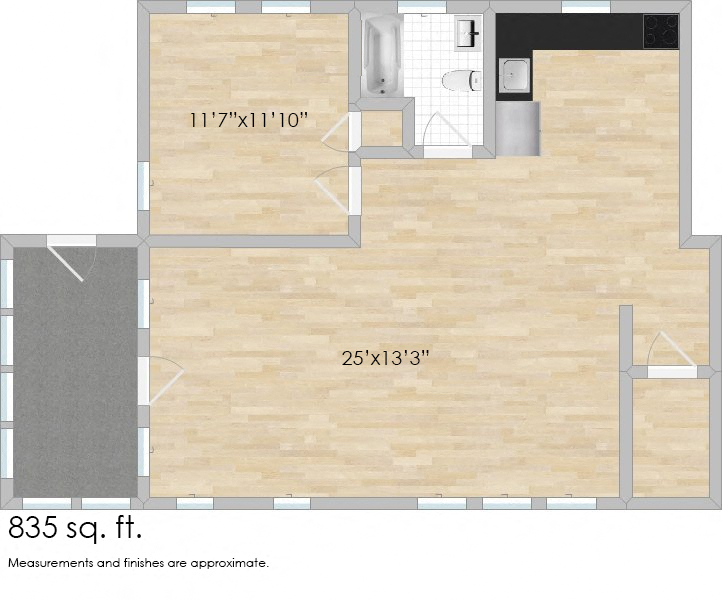 Floor plan for 1 bed, 1 bath, 835 sqft