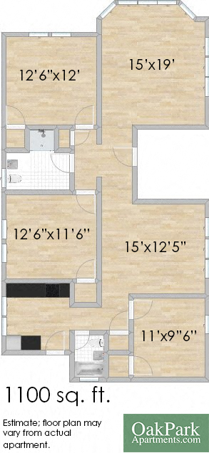 Floor plan for 3 beds, 2 baths, 1500 sqft