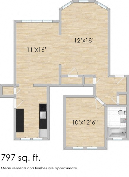 Floor plan for 1 bed, 1 bath, 797 sqft