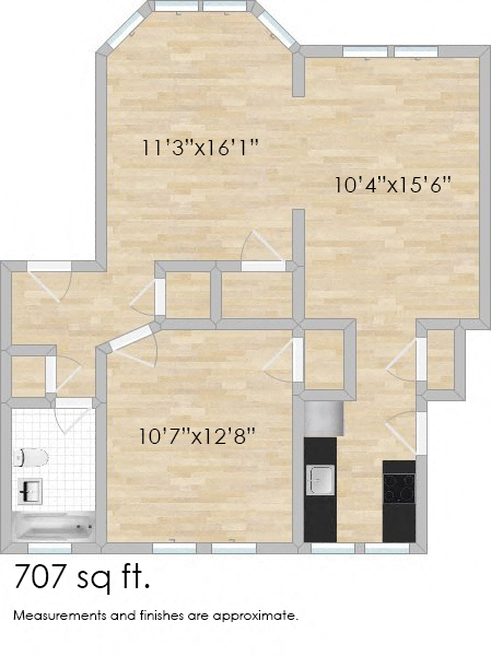 Floor plan for 1 bed, 1 bath, 707 sqft