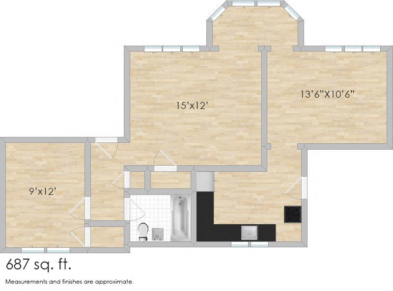 Floor plan for 1 bed, 1 bath, 687 sqft