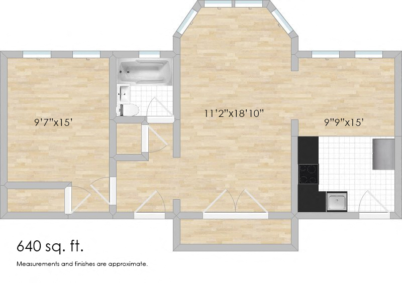 Floor plan for 1 bed, 1 bath, 640 sqft