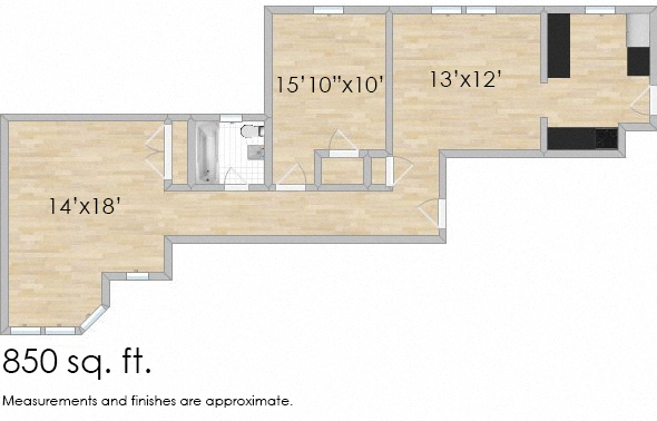 Floor plan for 1 bed, 1 bath, 850 sqft