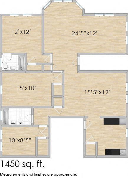 Floor plan for 3 beds, 2 baths, 1500 sqft