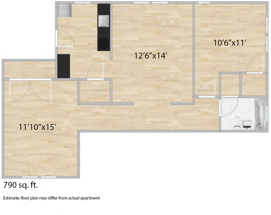 Floor plan for 1 bed, 1 bath, 790 sqft