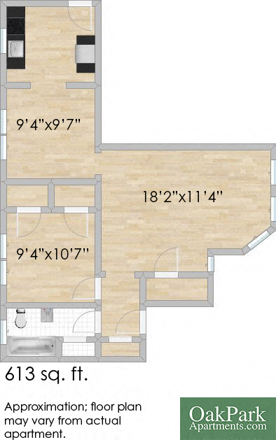Floor plan for 1 bed, 1 bath, 613 sqft