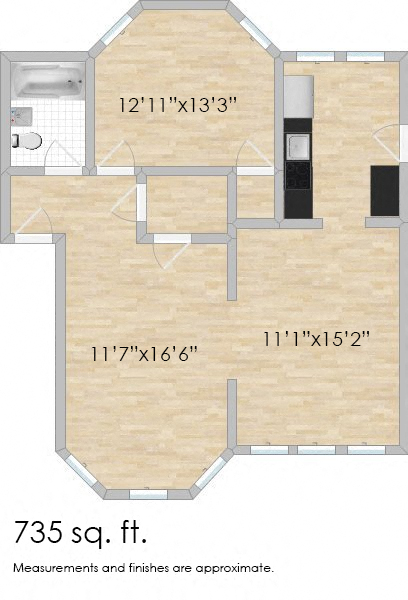 Floor plan for 1 bed, 1 bath, 735 sqft