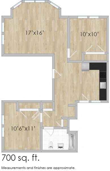 Floor plan for 2 beds, 1 bath, 1000 sqft