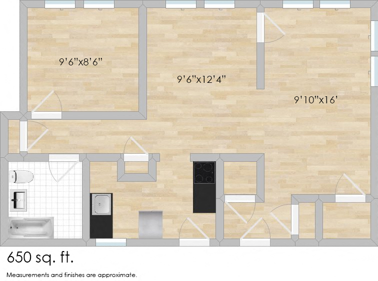 Floor plan for 1 bed, 1 bath, 640 sqft