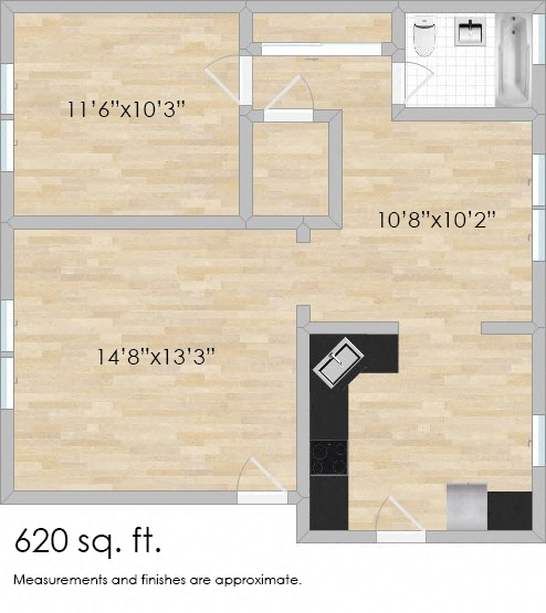 Floor plan for 1 bed, 1 bath, 720 sqft