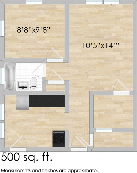 Floor plan for 1 bed, 1 bath, 500 sqft