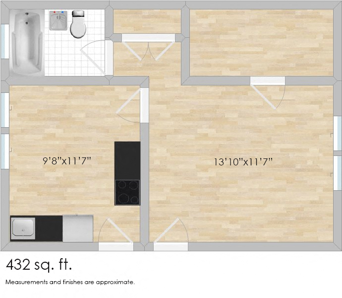 Floor plan for studio, 1 bath, 427 sqft