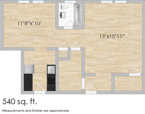 Floor plan for studio, 1 bath, 610 sqft
