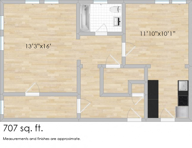 Floor plan for studio, 1 bath, 707 sqft