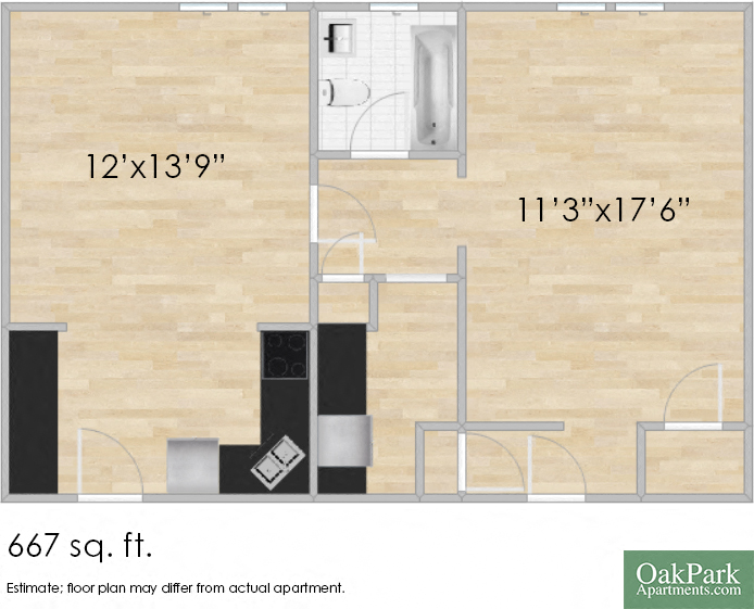 Floor plan for studio, 1 bath, 667 sqft
