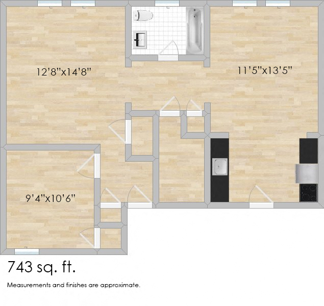 Floor plan for 1 bed, 1 bath, 743 sqft