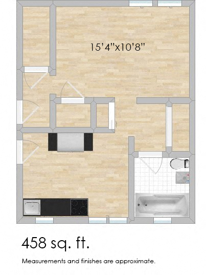 Floor plan for studio, 1 bath, 458 sqft