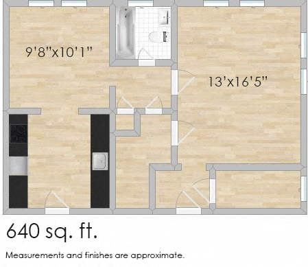 Floor plan for 1 bed, 1 bath, 642 sqft
