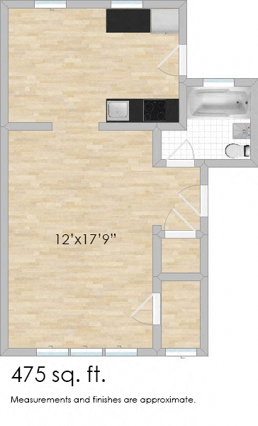 Floor plan for studio, 1 bath, 500 sqft