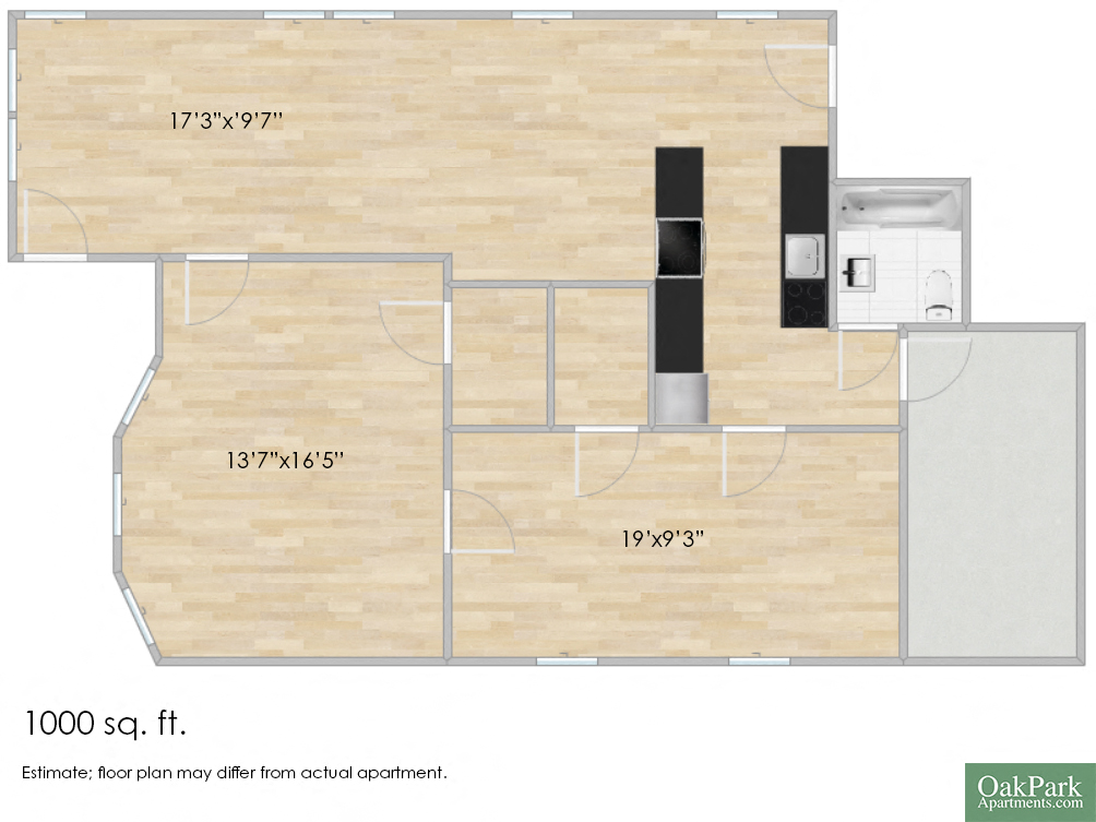 Floor plan for 2 beds, 1 bath, 1000 sqft
