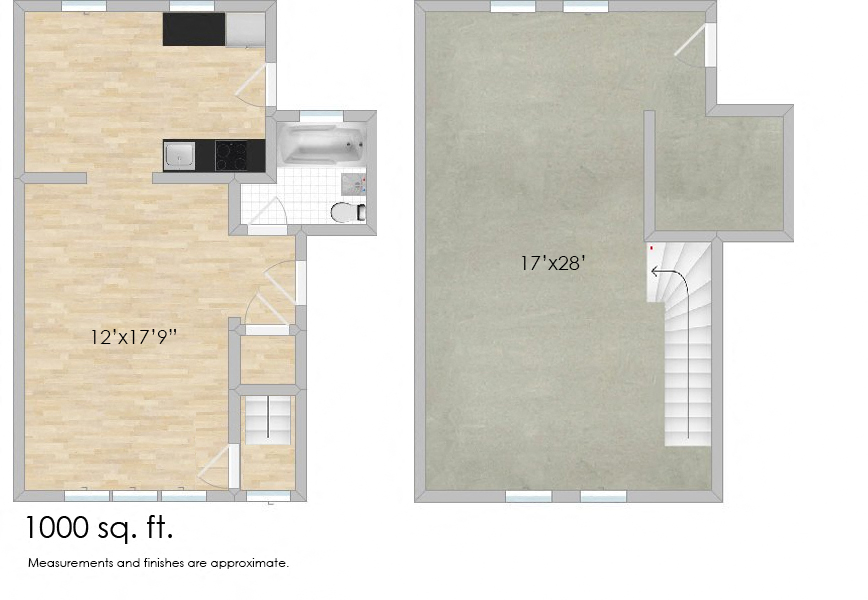 Floor plan for studio, 1 bath, 500 sqft